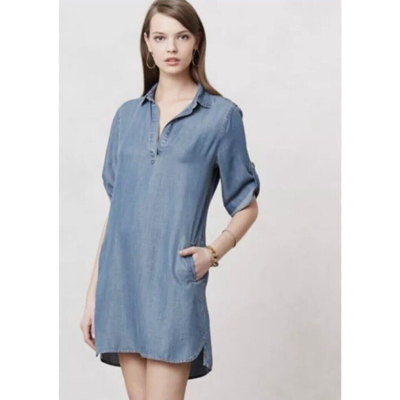 Cloth & Stone Acata Chambray Anthropologie Tunic Shirt Dress Size Small V-Neck - Picture 1 of 13